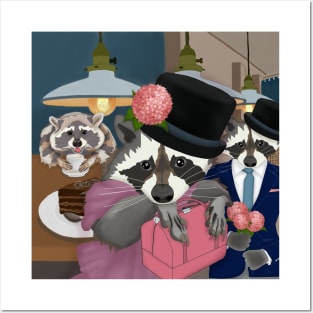 Raccoon party. Cute couple Posters and Art